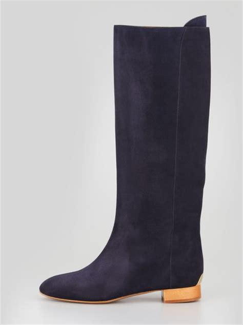 Chloé Flat Tall Suede Boot Navy In Blue Navy Lyst