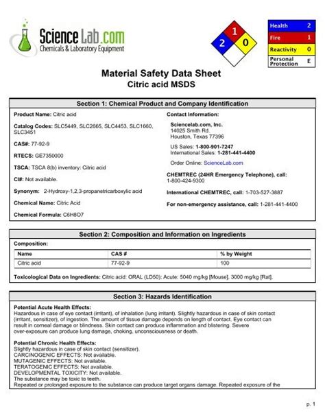 Material Safety Data Sheet Citric Acid Msds