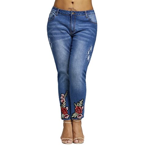 Buy Wipalo Plus Size 5xl Floral Embroidery Jeans Femme Women Clothing
