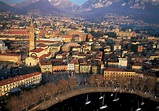 Lecco, veduta aerea della città - Lago di Como e Valsassina