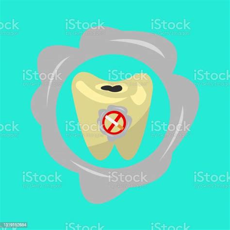 yellowed tooth from smoking which depicts a prohibition sign with a cigarette object on a blue
