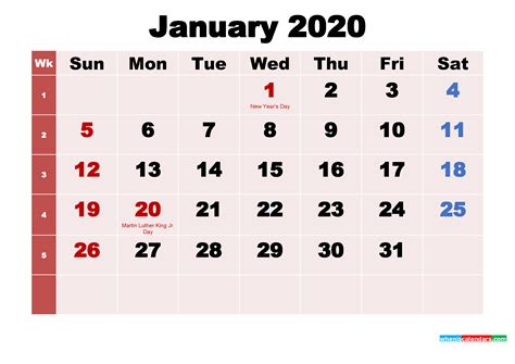 Free Printable January 2020 Calendar With Holidays As Word Pdf