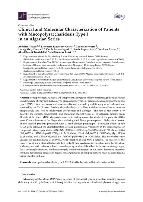 pdf clinical and molecular characterization of patients with mucopolysaccharidosis type i in