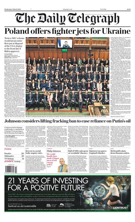 Daily Telegraph Front Page 9th Of March 2022 Tomorrow S Papers Today