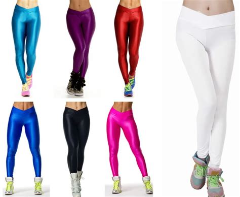 fashion neon colors high v waist stretch skinny shiny spandex women leggings girl legging pants