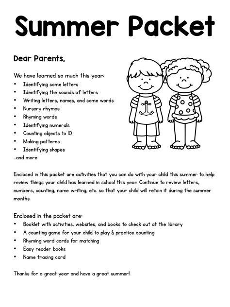 Parent Letter For Summer Packet Pdf Prekinders