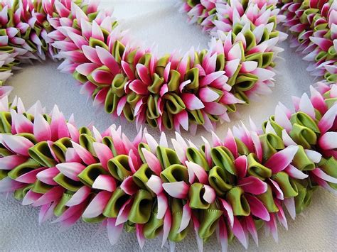 Green Pink Dahlia Hawaiian Glory Ribbon Lei Etsy Ribbon Lei Flower