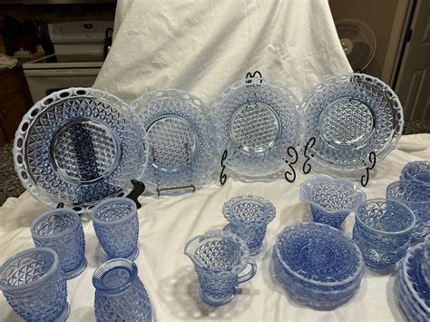 39 Piecevtg Blue Opalescent Laced Edge Glassware Imperial Glass Katy