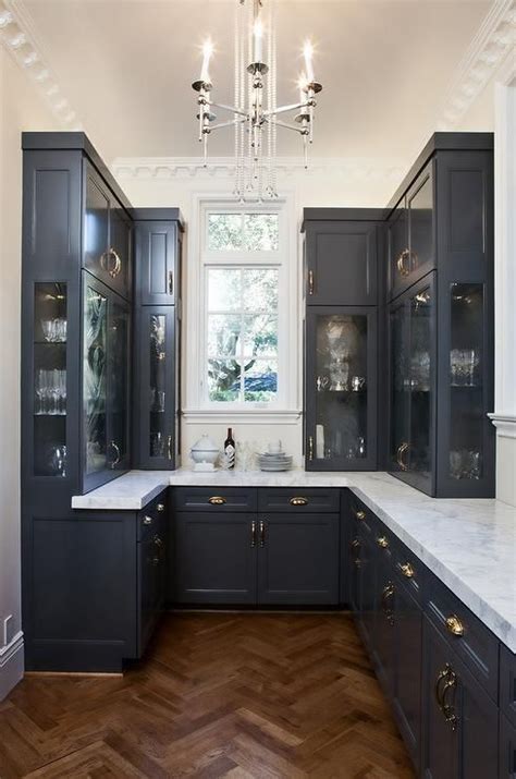 Navy Blue Butler Pantry Cabinets With Brass Cup Pull Hardware