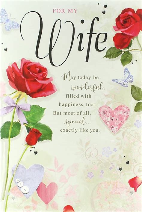 wife birthday card silver text red roses pink hearts and butterflies 9 x 6