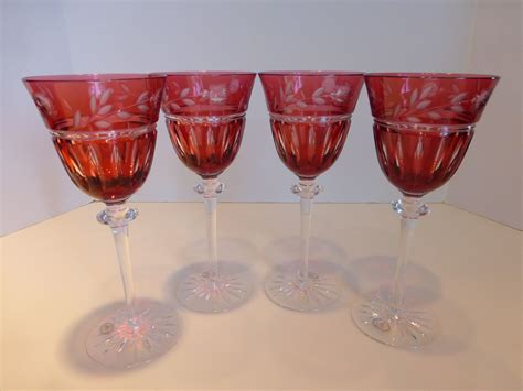 Ajka Ruby Cut To Clear Crystal Wine Goblets Set Of 4 Hungary From