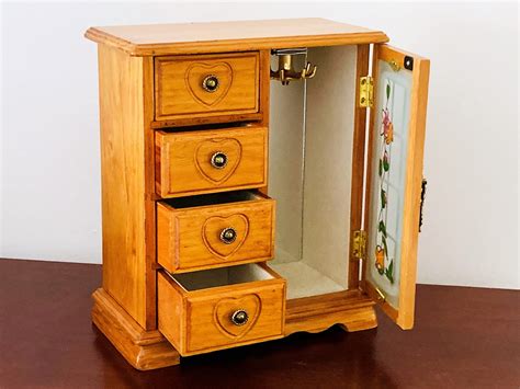 Vintage Hand Made Jewelry Cabinet Box Chest Stand Organizer Solid Wood