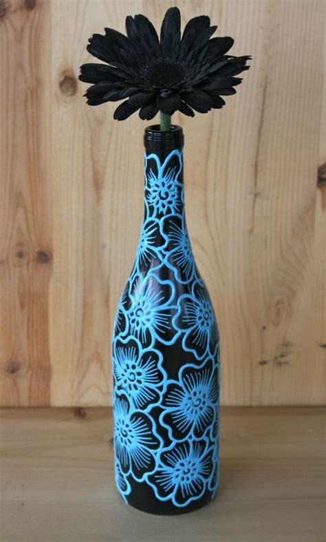 Ready To Ship Hand Painted Wine Bottle Vase Black Bottle With