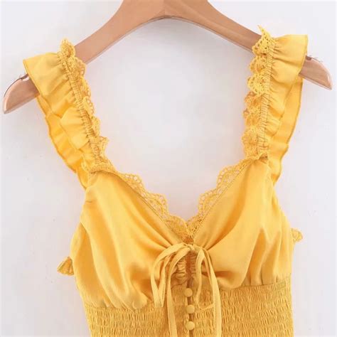Lace Trimmed Ruffle Strap Front Tie Up Womens Ruched Crop Top Sunifty
