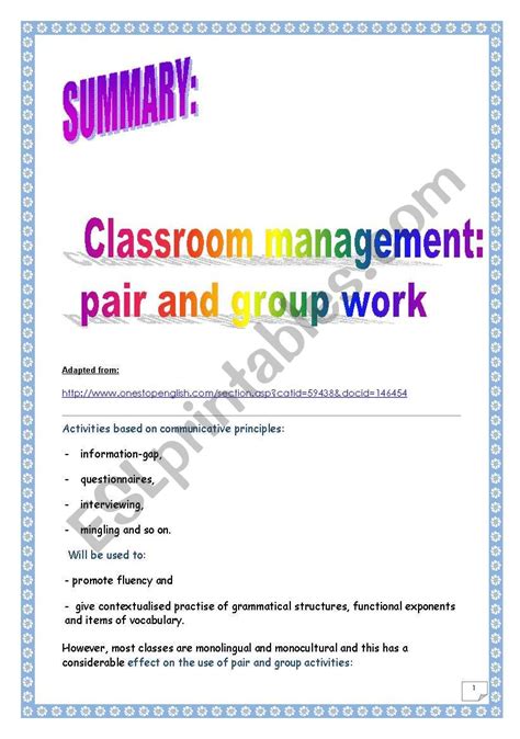 Pair And Group Work In Esl Classroom Management Article Summary Esl
