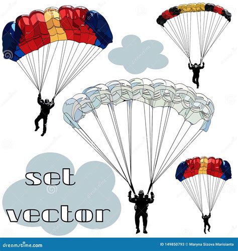 Set Of Vector Images Of Black Contour Figures Of Parachutists On Multi