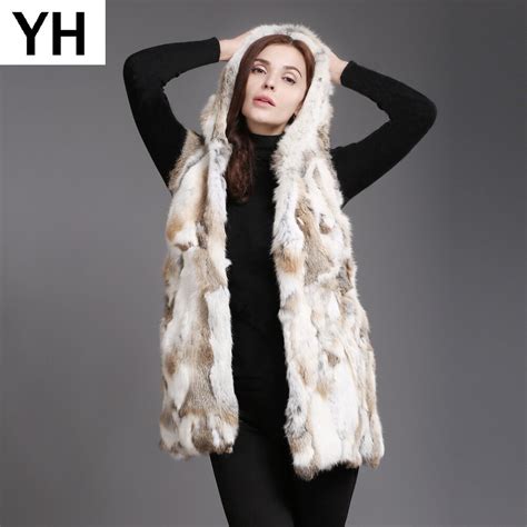 New Long Style With Fur Hood Women Real Rabbit Fur Vests Lady Real Natural Rabbit Fur Gilets