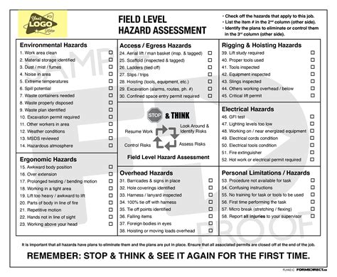 Field Level Hazard Assessment Card Flha C Template Forms Direct