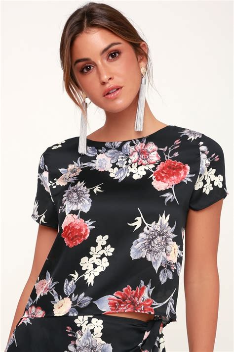 Lovely Black Top Satin Floral Print Top Short Sleeve Top Lulus