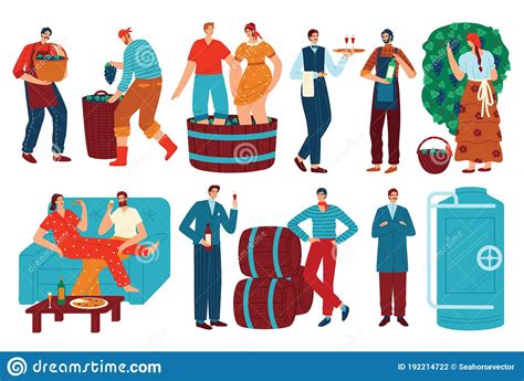People And Grapes Wine Vector Illustration Set, Cartoon Flat Man Woman Character Drinking Wine ...