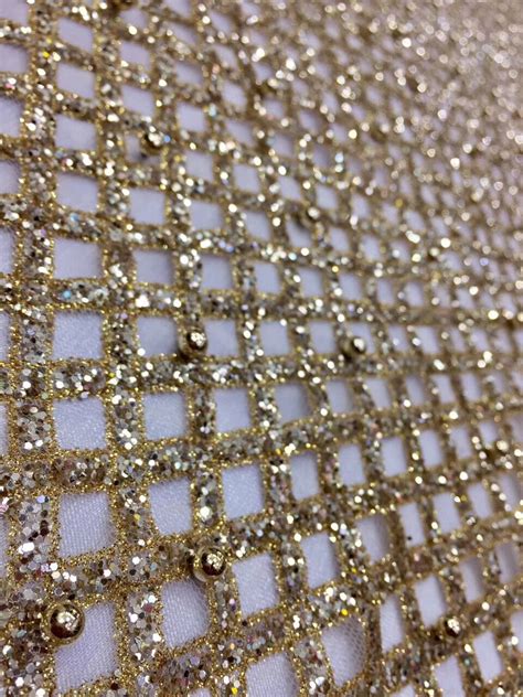Gold Colour Glued Glitter Tulle Mesh Fabric With Beads Glued Glitter
