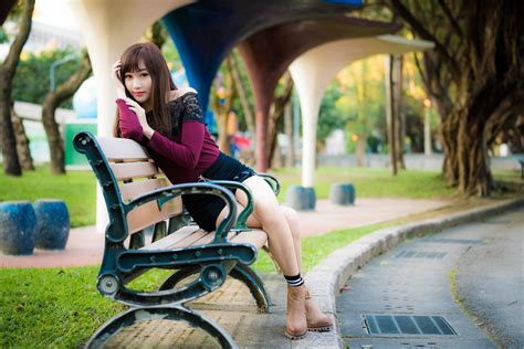 K Asian Sitting Bench Legs Shorts Glance Bokeh Beautiful HD Wallpaper Rare Gallery