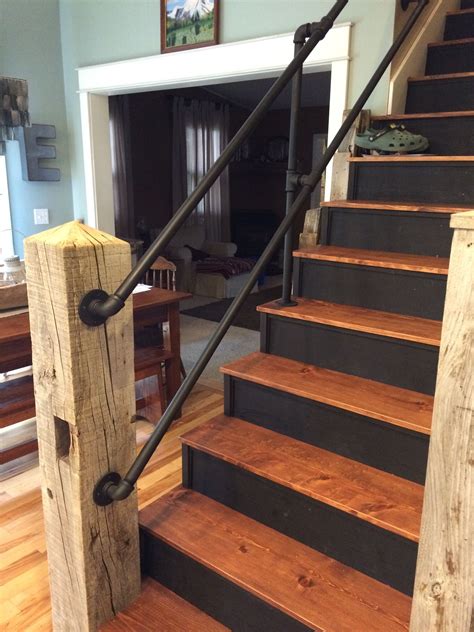 Reclaimed Barn Timber Used As Newel Post W Galvanized Pipe Handrail