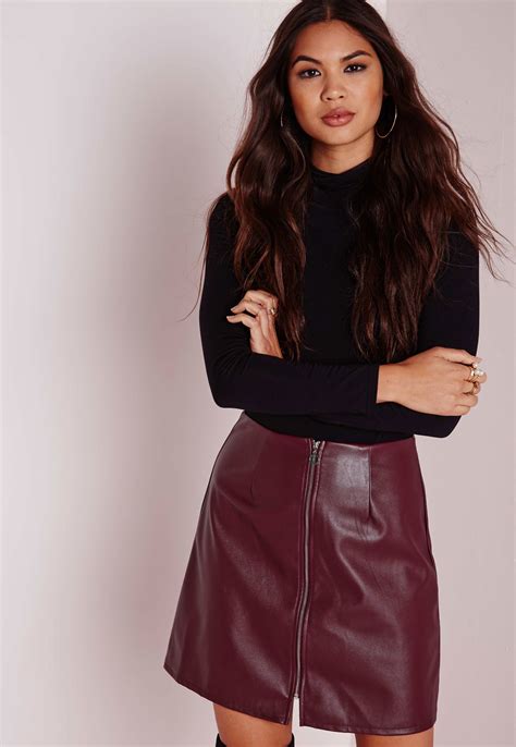 Lyst Missguided Zip Front Faux Leather A Line Skirt Burgundy In Red