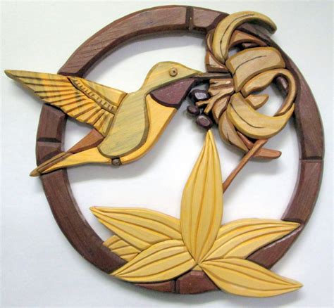 Hand Carved Wood Art Intarsia Hummingbird And Lily By Collectingly