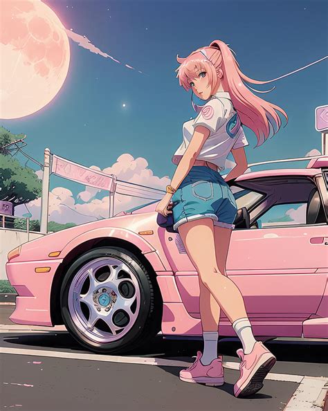 Retro 90s Anime Girl Drifter In Tokyo Streets Summer Time Digital Art
