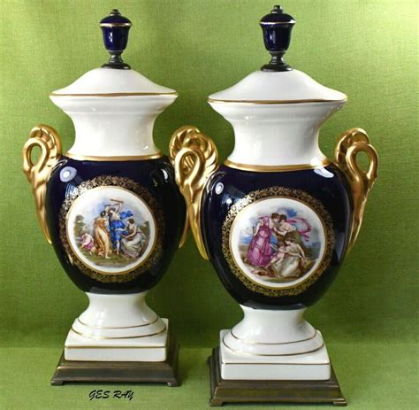 Pair Of Antique French Porcelain Vases Urns Gilt Bronze Handled Sevres