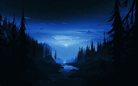 Download Wallpaper 1440x900 Dark Night River Forest Minimal Art