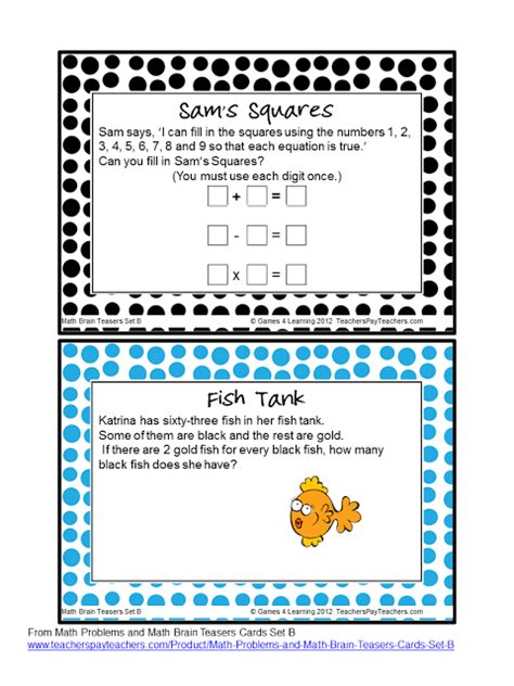 Freebie Math Brain Teaser Cards Math That Will Tease Their Brains