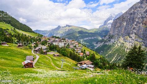 Beautiful Landscape View Of Charming Murren Mountain Village With