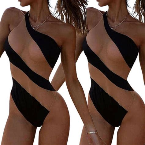 Eyicmarn Women Sheer Mesh Swimsuit Beachwear Swimwear Romper Monokini Bikini Bathing Suit