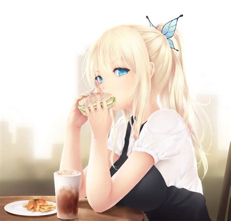 Wallpaper Food Blonde Long Hair Anime Girls Blue