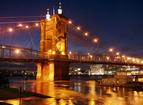 Lights On The Suspension Bridge In Cincinnati Ohio Image Free Stock