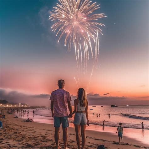 Premium Ai Image A Man And Woman Couple Watching Colorful Firework At Beach For Celebrate