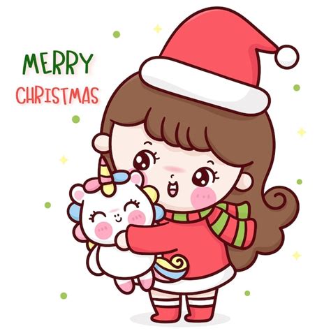 Premium Vector Santa Girl Christmas Hug Unicorn Cartoon Kawaii Character