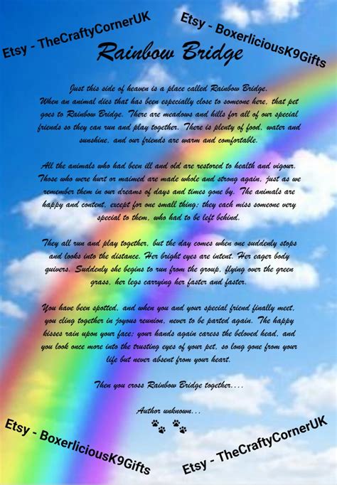 Rainbow Bridge Poem Pet Loss Memorial Bereavement Picture Dog Etc