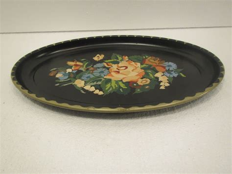 Vintage Hand Painted Oval Serving Tray Metal Tray Oval Etsy Metal