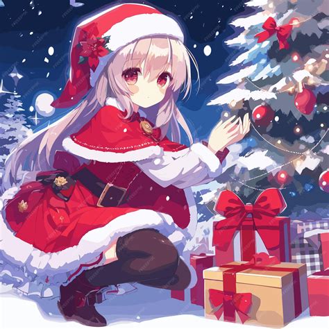 Premium Vector Anime Girl In The Snow With A Christmas Tree And Presents