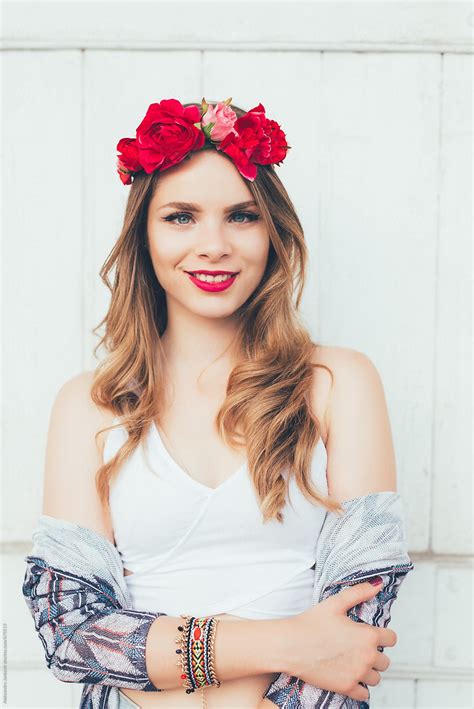 Portrait Of A Beautiful Smiling Woman With Flower Crown Del