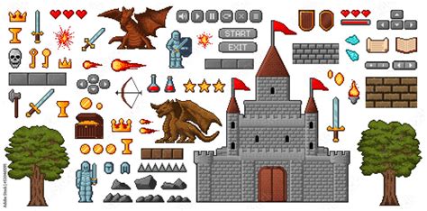 8bit Pixel Art Game Icons Medieval Knight Dragon Castle And Oak