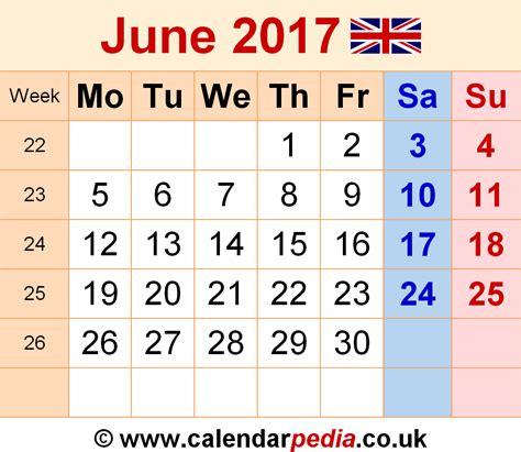 Calendar June 2017 Uk With Excel Word And Pdf Templates