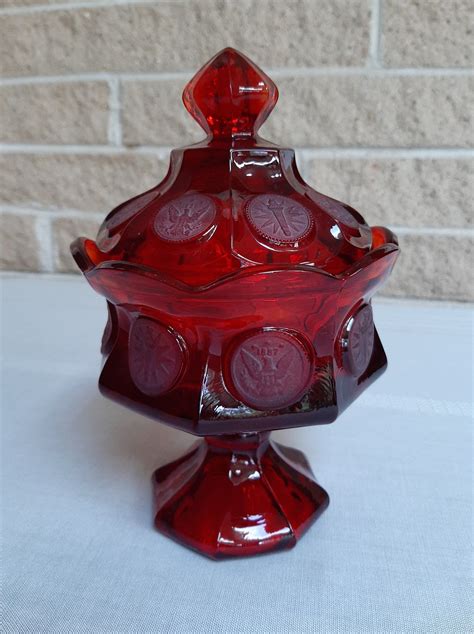 Fostoria Red Coin Glass Wedding Bowl Ruby Red Covered Compote Candy Dish Collectible Glass