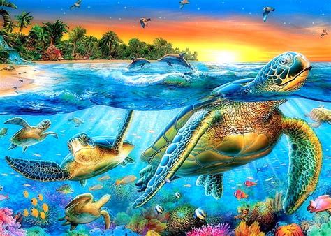 Sea Turtles In Paradise Sea Life Oceans Scenic Panoramic View