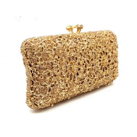 Women Solid Gold Crystal Clutch Evening Bags Hard Box Metal Bridal Day