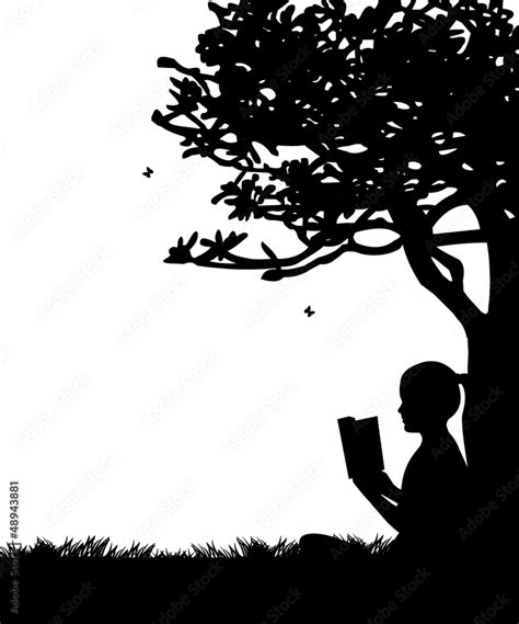 Girl Reading A Book Under The Tree In Spring In Park Silhouette Stock