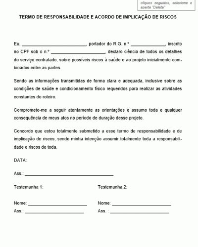 Modelo De Termo De Responsabilidade E Acordo De Implicação De Riscos